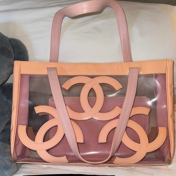Chanel Pink Transparent Tote with Iconic CC Logos Vintage 90s XL Peachy Pink - Picture 5 of 8
